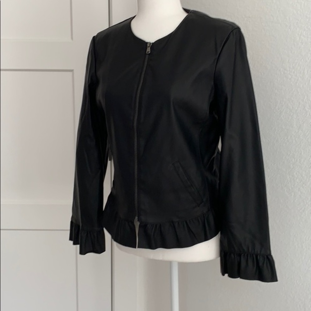 Ann Taylor  factory ruffle trim faux leather jacket